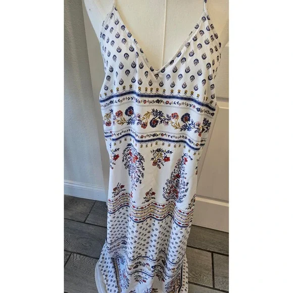Old Navy Womens Boho Floral Border Print Maxi Dress White Blue Red Large Tall - Picture 2 of 7